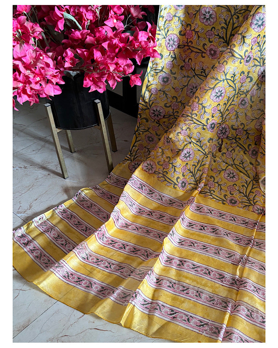 Chanderi Pastel Yellow  hand block Dupatta