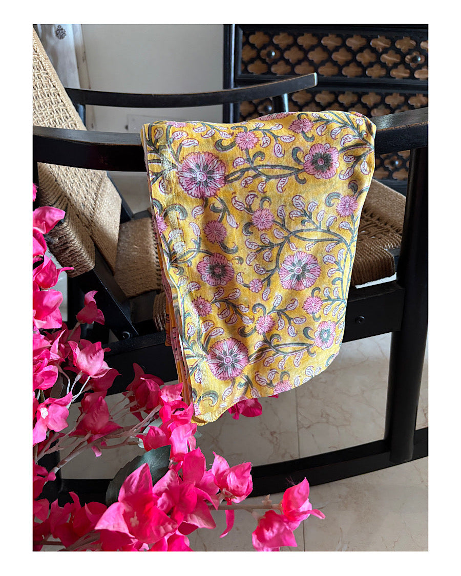 Chanderi Pastel Yellow  hand block Dupatta