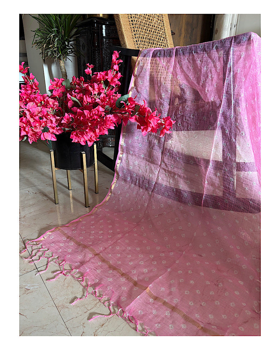 Bandhni Pink Kota Doria Dupatta