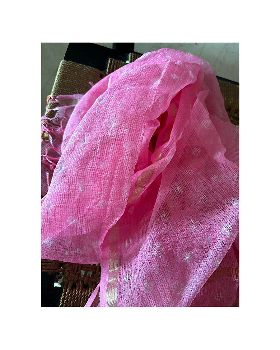Bandhni Pink Kota Doria Dupatta