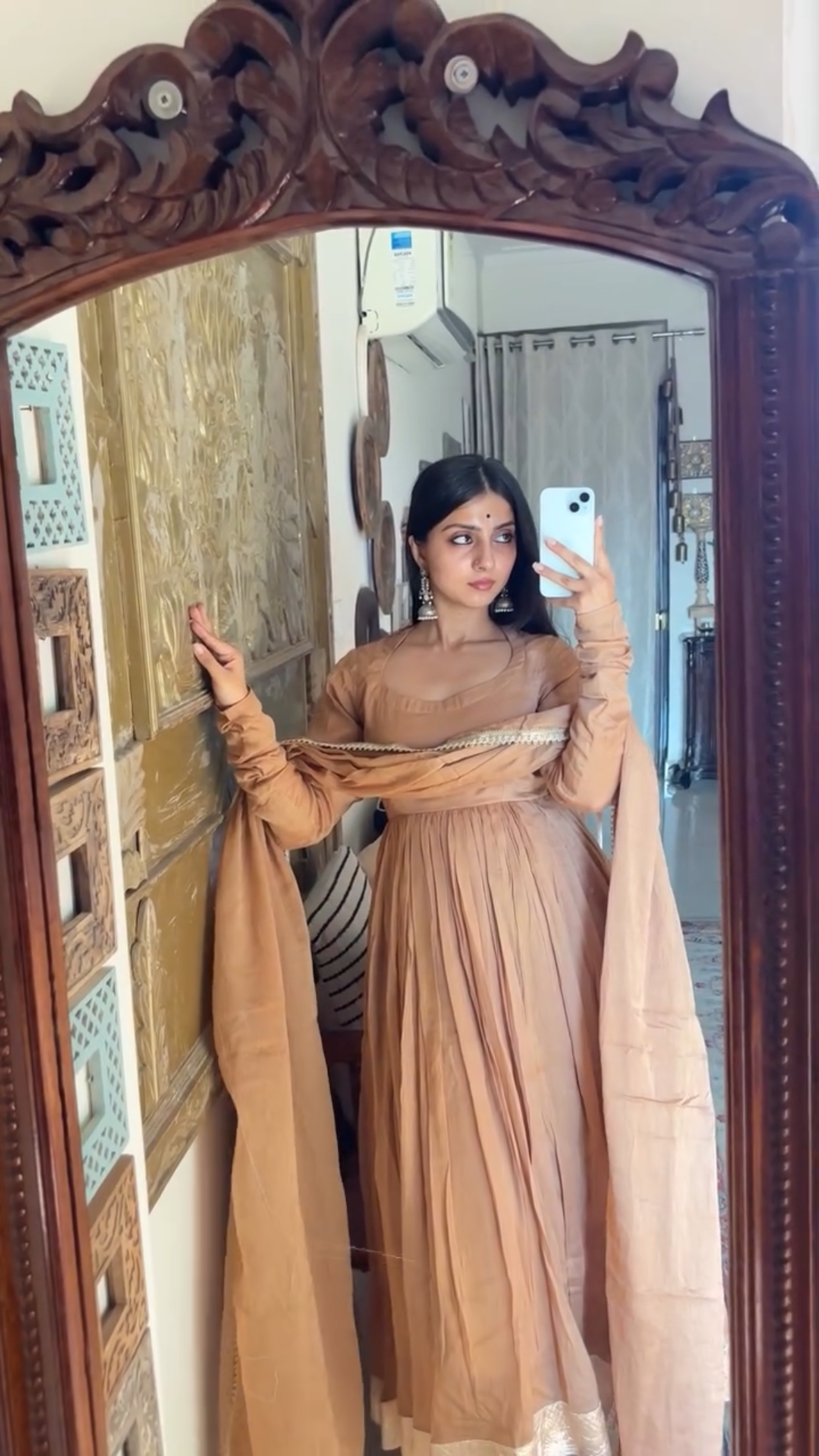 Beige mulmul anarkali