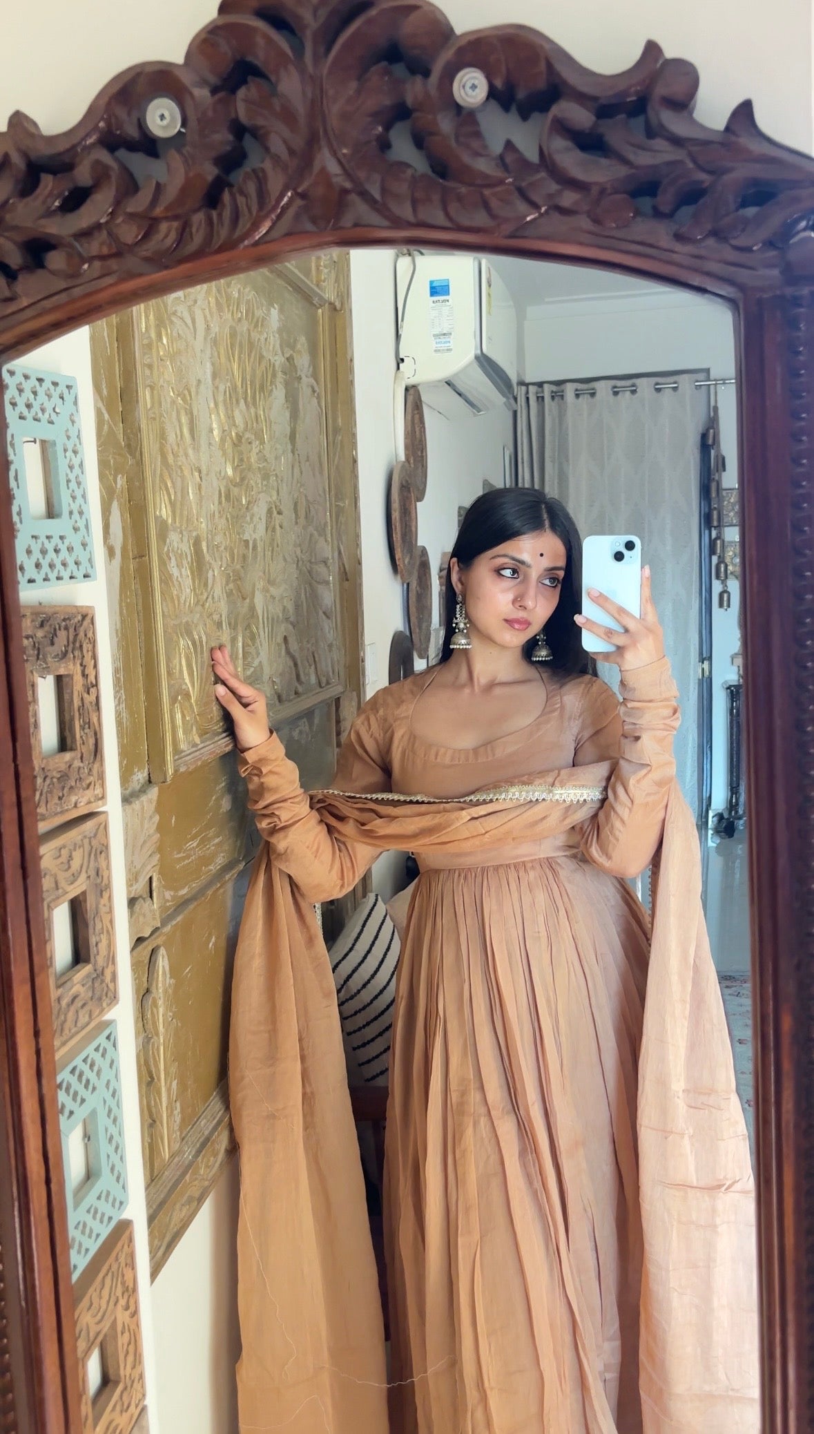 Beige mulmul anarkali
